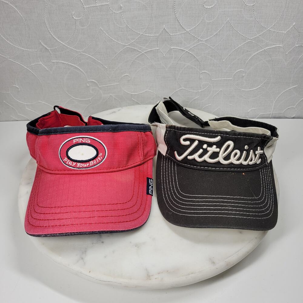 VTG Ping & Titleist Pro V1 Golf Visors Red Logo Black White Script Embroidery
